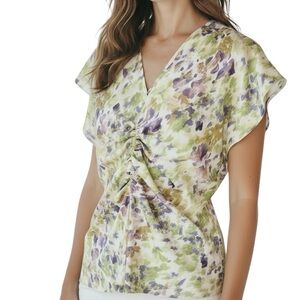 NWT WHITE HOUSE BLACK MARKET Floral Flutter Sleeve Ruched Blouse Size Medium